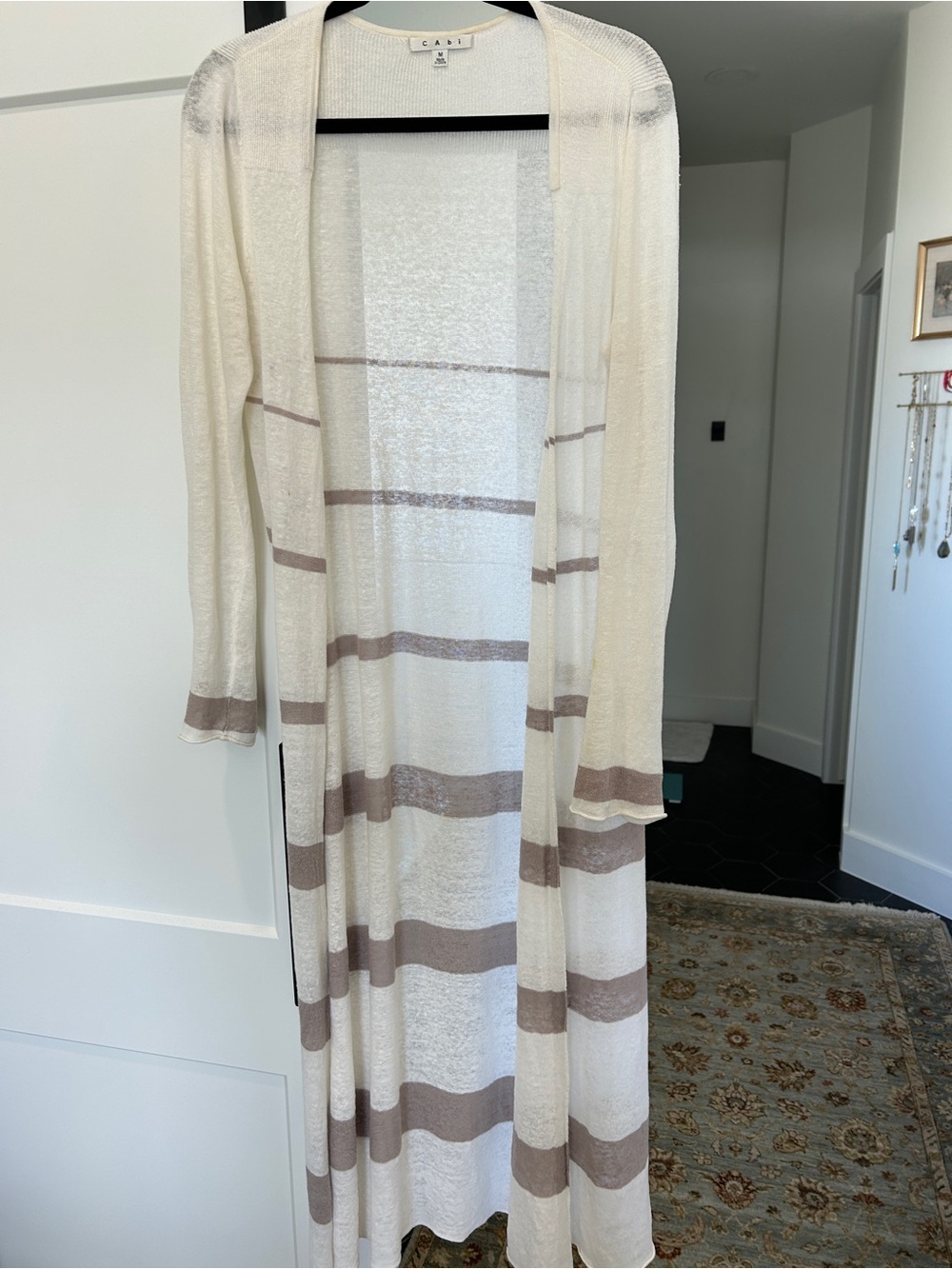 CAbi Cream and Taupe Striped Lightweight Long Cardigan